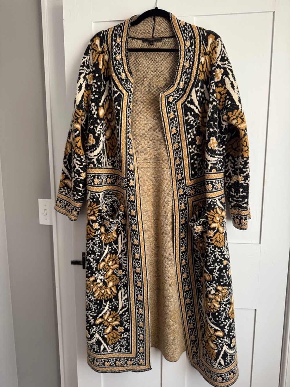 Long Open-Front Floral Knit Sweater Coatigan in Mustard Black